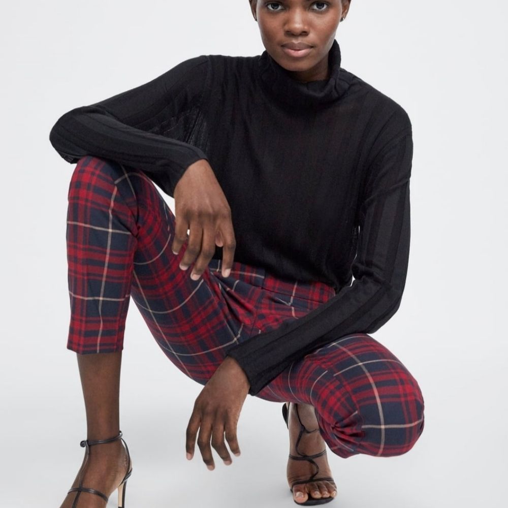 Zara Red and Blue Plaid Jogger Waist Skinny Ankle Pants Size M